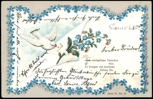 Glückwunsch / Grusskarte Brikeftaube - Veilchen-Ornament 1904 Prägekarte