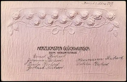 Glückwunsch Geburtstag Birthday Prägekarte Blumen-Relief 1907 Prägekarte