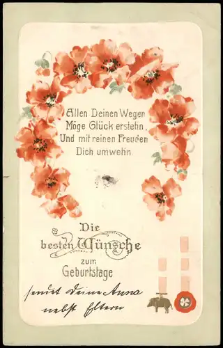 Glückwunsch Geburtstag Birthday Blumen Grüsse & Goldschrift 1905 Prägekarte