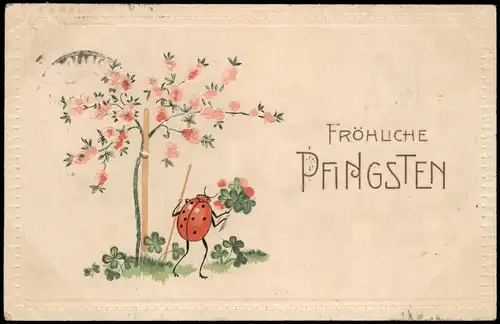 Glückwunsch: Pfingsten, Maikäfer, Marienkäfer 1908 Prägekarte