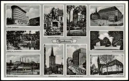 Ansichtskarte Bochum Sparkasse, Rathaus, Park, Fabrik 1953