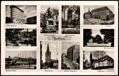 Ansichtskarte Bochum Sparkasse, Bismarckturm, Kriegerdenkmal 1951