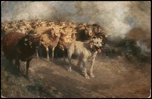 Künstlerkarte: Gemälde  Heinrich Zügel: Schafherde Hund Stimmungsbild 12913