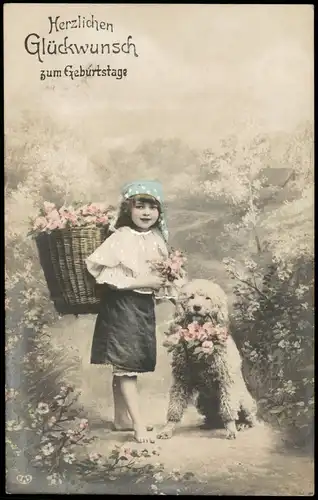 Glückwunsch Geburtstag Birthday Mädchen mit Blumenkiepe Hund - Fotokunst 1911