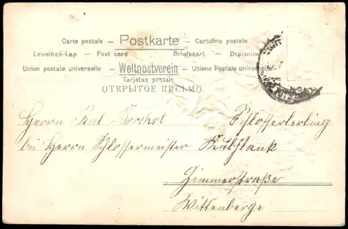Glückwunsch Geburtstag Birthday Rosen  Kleeblattstraus 1905 Prägekarte
