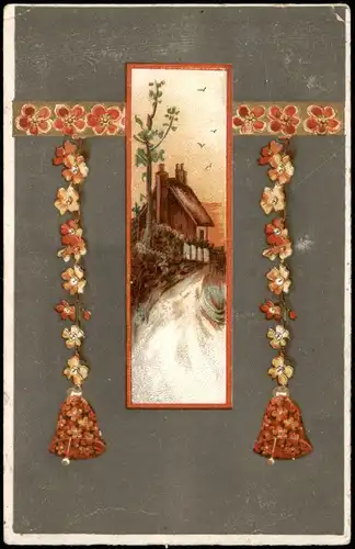 Künstlerkarte - Haus - Blumenlandschaft 1907 Goldrand/Prägekarte