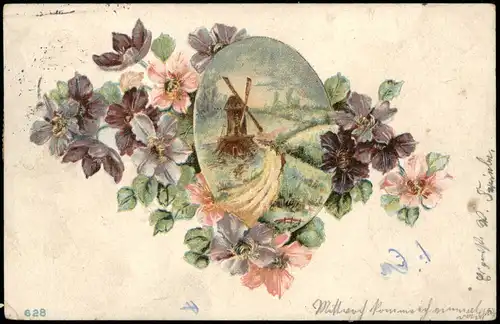 Ansichtskarte  Windmühle Glückwunsch Ostern / Easter Blumen 1906