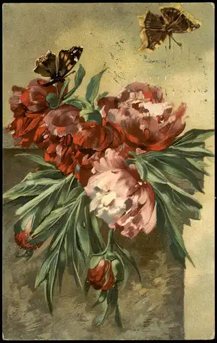 Ansichtskarte  Schmetterlinge am Blumenstrauss 1910