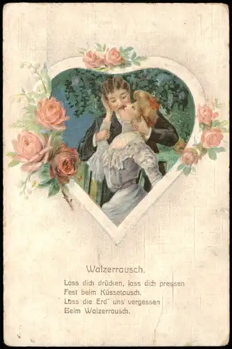 Ansichtskarte  Liebespaare Herz Heart Rosen Walzerrausch 1911 Prägekarte