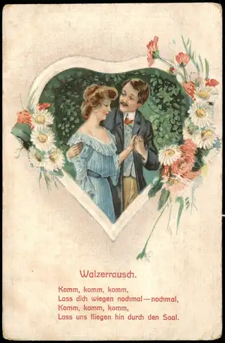 Ansichtskarte  Heart Rosen Walzerrausch - Liebespaare Blumen 1911 Prägekarte