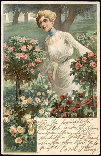 Ansichtskarte  Künstlerkarte schöne Frau im Rosengarten 1906