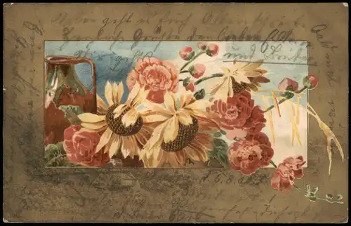 Ansichtskarte  Künstlerkarte Sonnenblumen kanne Stilleben 1902 Gold-Effekt