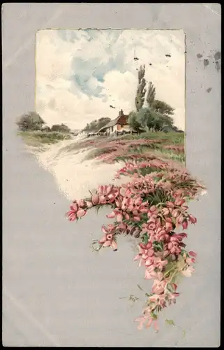 Künstlerkarte - Landschaft im Rahmen, Blumen Bukett 1908 Silber-Effekt