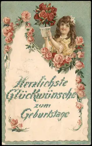 Geburtstag Birthday Mädchen mit Rosen Veilchen Schrift 1911 Prägekarte