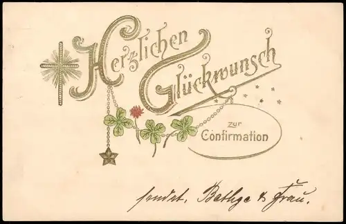 Glückwunsch - Konfirmation, Kleeblatt Goldprägekarte 1904 Goldrand/Prägekarte