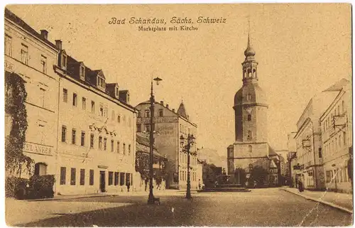Ansichtskarte Bad Schandau Marktplatz mit Kirche, Partie am Hotel Anker 1925