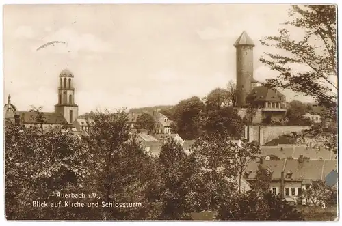 Auerbach (Vogtland) Panorama, Blick auf Kirche und Schlossturm 1927
