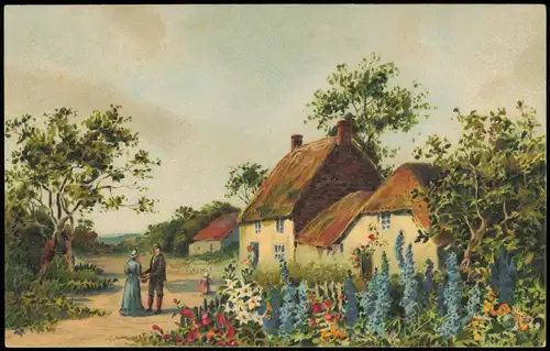 Ansichtskarte  Künstlerkarte - Dorfpartie, Mann und Frau 1911