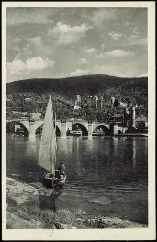 Ansichtskarte Heidelberg Seegelboot am Ufer 1934