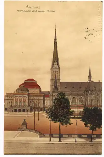 Ansichtskarte Chemnitz Petrikirche und Neues Theater 1915