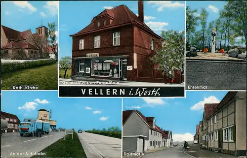 Ansichtskarte Vellern-Beckum MB Autobahn, Kirche, Straße 1967