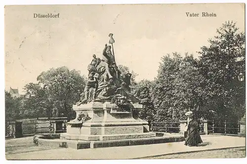 Düsseldorf Vater Rhein Denkmal 1916 1. WK Feldpost  Zug 399 Bahnpoststempel