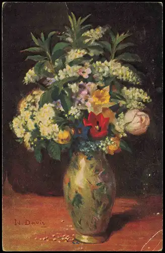 N. Davis Signierte Künstlerkarte Blumenstrauß Blumen-Vase 1919