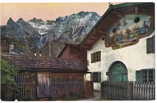 Ansichtskarte Mittenwald Haus mit Fresko-Malerei und Karwendel Blick 1930