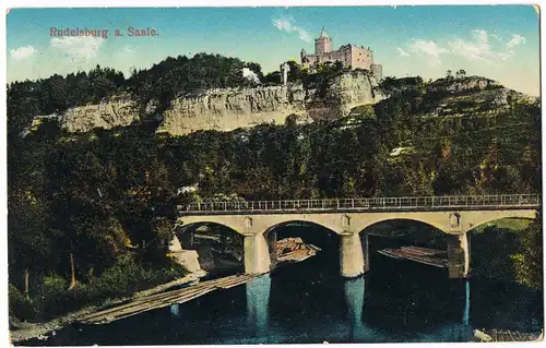 Ansichtskarte Saaleck-Bad Kösen Rudelsburg, Saale Partie mit Brücke 1910