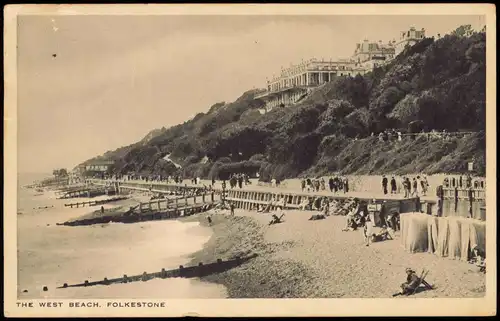 Postcard Folkestone Strand the west beach 1936