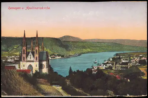 Ansichtskarte Remagen Panorama-Ansicht, Blick auf Kirche u. Rhein 1910