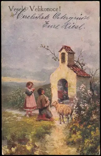 Ansichtskarte  Veselé Velikonoce! Ostern Gruss-Karte Kinder mit Lamm 1920