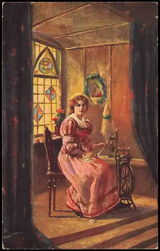Ansichtskarte  Künstlerkarte Gemälde-Postkarte Frau am Spinnrad 1920