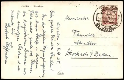 Postcard Lissabon Stadt vom Brunnen 1935