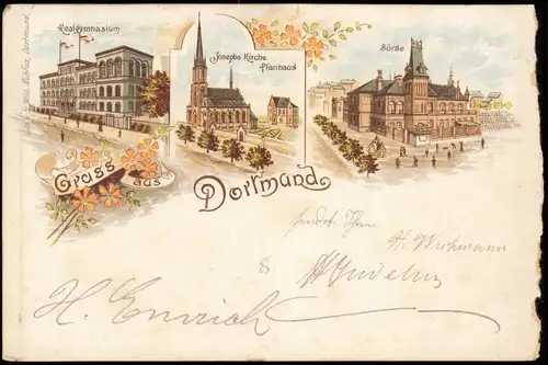 Litho AK Dortmund Mehrbild-Litho-AK mit Gymnasium, Pfarrhaus und Börse 1897