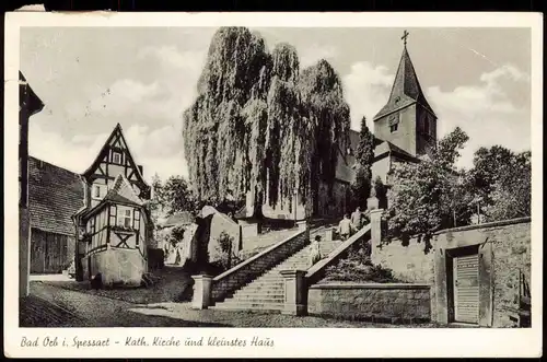 Ansichtskarte Bad Orb Kath. Kirche u. kleinstes Haus 1962