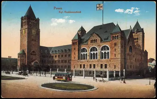 Postcard Posen Poznań Schloß, Straßenbahn 1918  gel. Feldpoststempel Posen