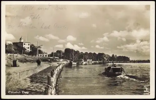 Treptower Deep / Regamünde Mrzeżyno Hafen, Mole - Motorboot - Pommern 1938