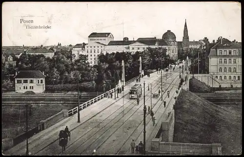 Postcard Posen Poznań Theaterbrücke, Straßenbahn - Stellwerk 1928