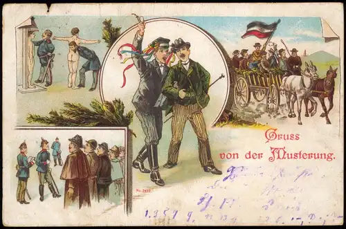 Ansichtskarte  Litho-Ansichtskarte Musterung Arzt, Wagen etc 1902