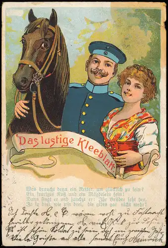 Ansichtskarte  Pferd Liebespaar - Soldat, Das lustige Kleeblatt 1911