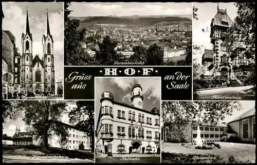 Hof (Saale) Mehrbild-AK mit Marienkirche, Gesamtansicht, Hallenbad uvm. 1960