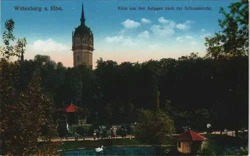 Lutherstadt Wittenberg Blick aus den Anlagen auf die Schlosskirche 1913