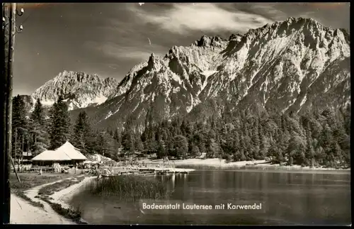Ansichtskarte Mittenwald Badeanstalt Lautersee mit Karwendel 1960