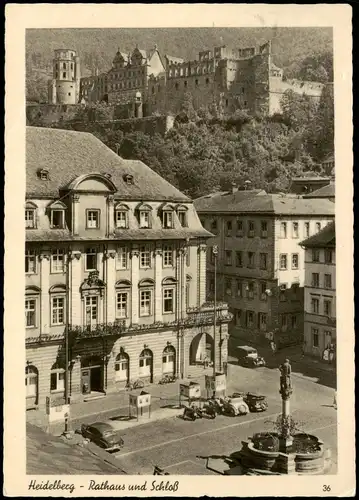 Ansichtskarte Heidelberg Rathaus mit Schloss im Hintergrund 1957