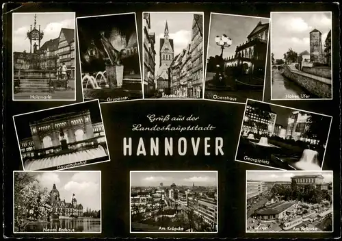 Hannover Mehrbild-AK mit Kröpcke, Holzmarkt, Hauptbahnhof, Rathaus uvm. 1963