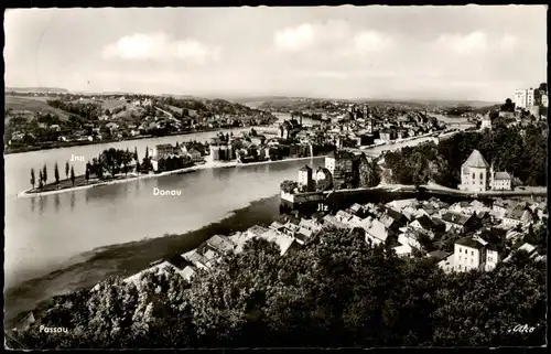 Ansichtskarte Passau Panorama mit Zusammenfluß Donau, Inn und Ilz 1964