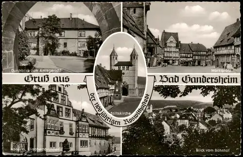 Bad Gandersheim Mehrbild-AK mit Amtsgericht, Marktplatz, Blick vom Bahnhof 1957