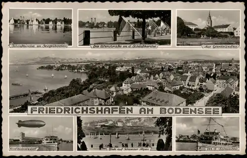Friedrichshafen Mehrbild-AK mit Ortsansichten und Schiff MS SCHWABEN 1955