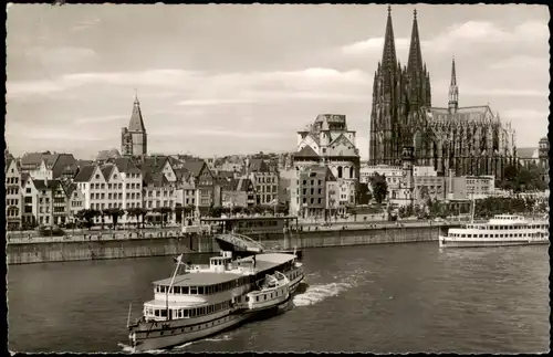 Ansichtskarte Köln Rheinufer, Rhein Schiffe Dampfer, Dom Fernansicht 1960